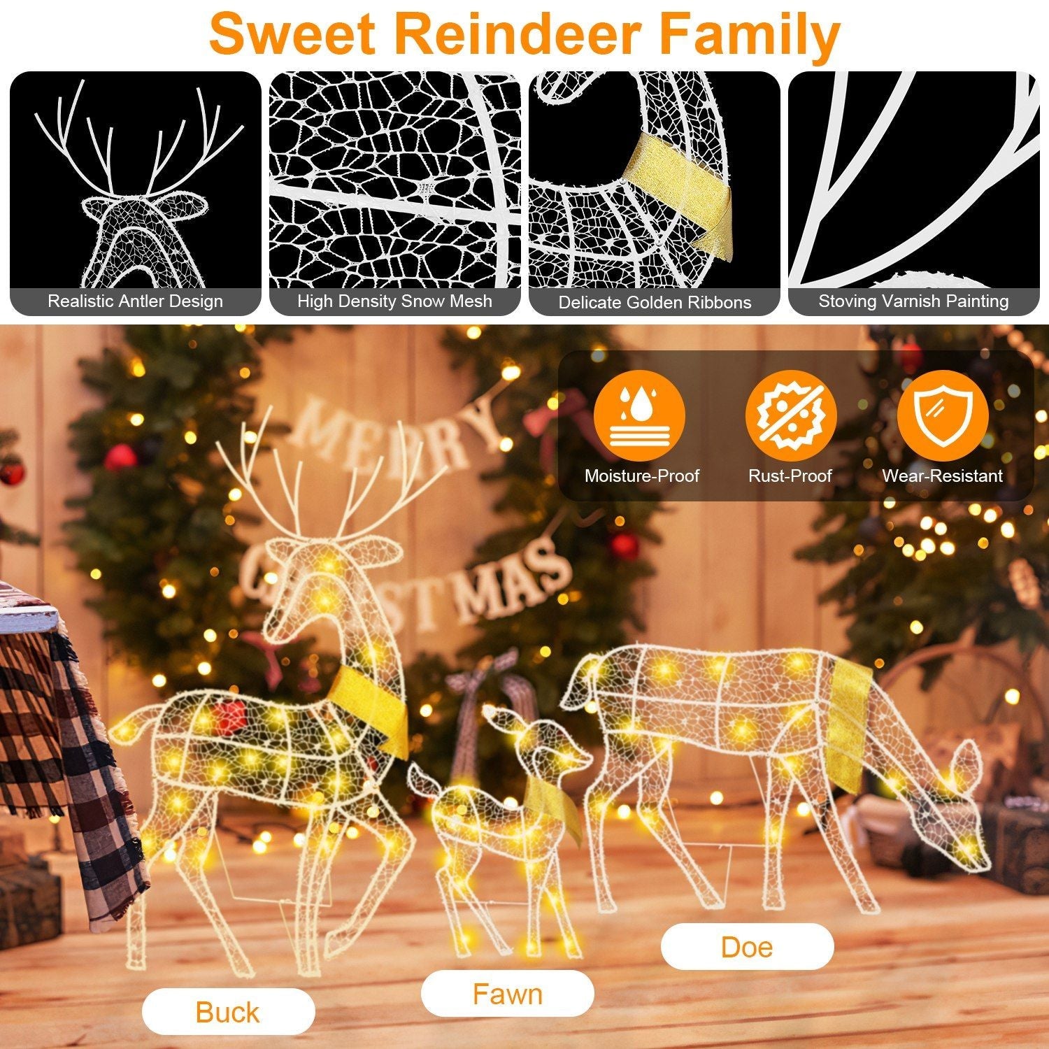 3er Set Rentierfamilie beleuchtet 2D Weihnachts-Hirsch-Dekoration warmweißes Licht 3 Beleuchtungsmodi Hirschkuh-Kitz Innen-Außen-Weihnachtsdekoration