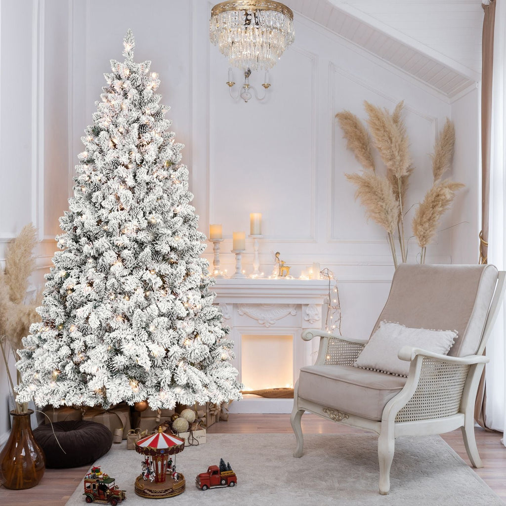Sapin de Noël artificiel floqué de 2,4 m avec 700 lumières UL, 54 pommes de pin et 1754 branches, effet neige