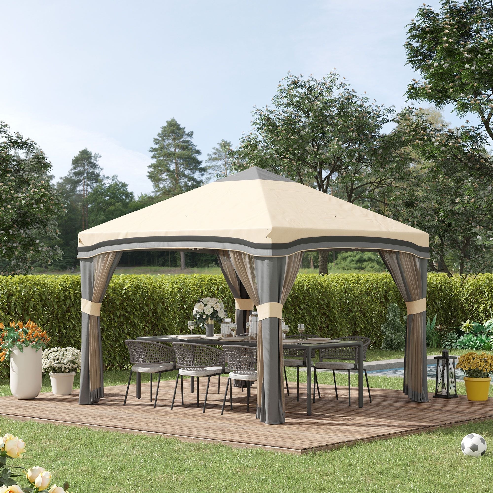 10x10 Pop-Up Pavillon, Moskitonetz, faltbar, höhenverstellbar, Tragetasche mit Rollen, 4 Sandsäcke, Beige