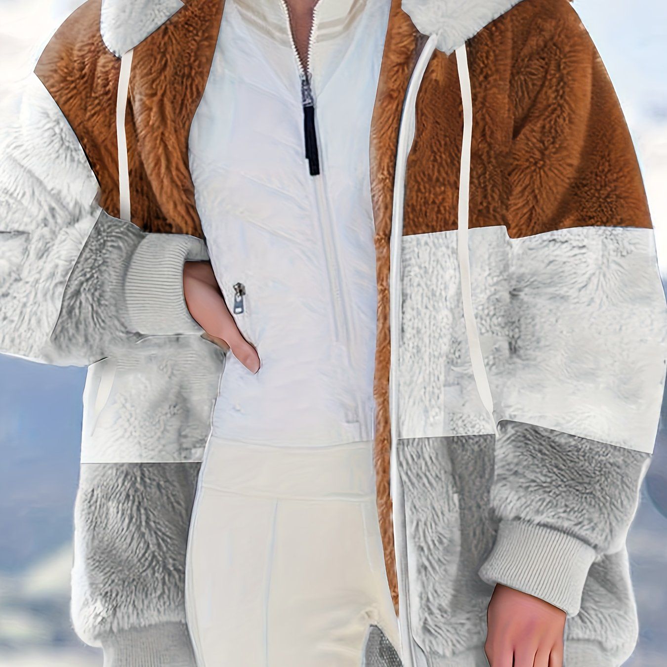 Farbblock Teddy-Fleece-Mantel mit Kapuze, lässige Winterjacke mit Reißverschluss und langen Ärmeln, Damenbekleidung