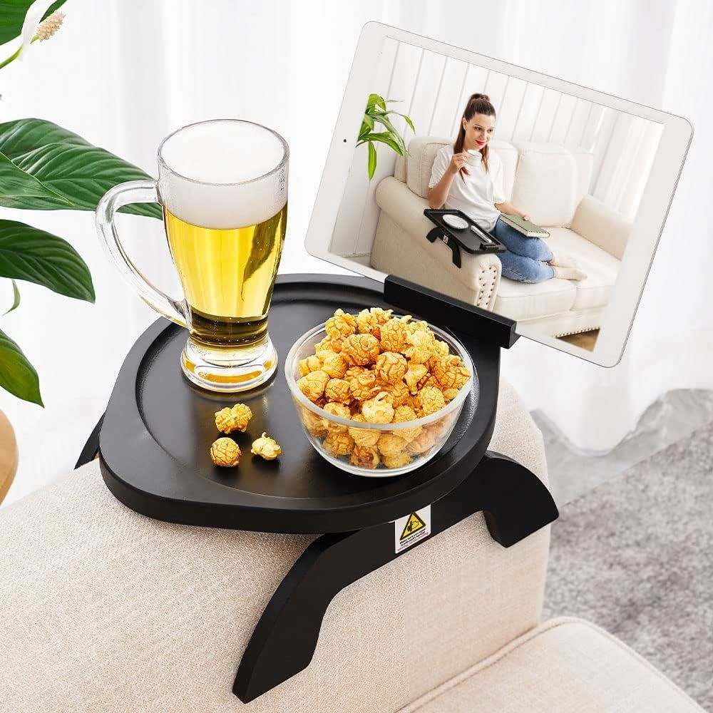 Clip de table d'appoint en bambou pour accoudoirs de canapés larges, plateau de canapé pliable avec support de téléphone rotatif à 360°, table d'accoudoir pour manger/boire/collationner/télécommande