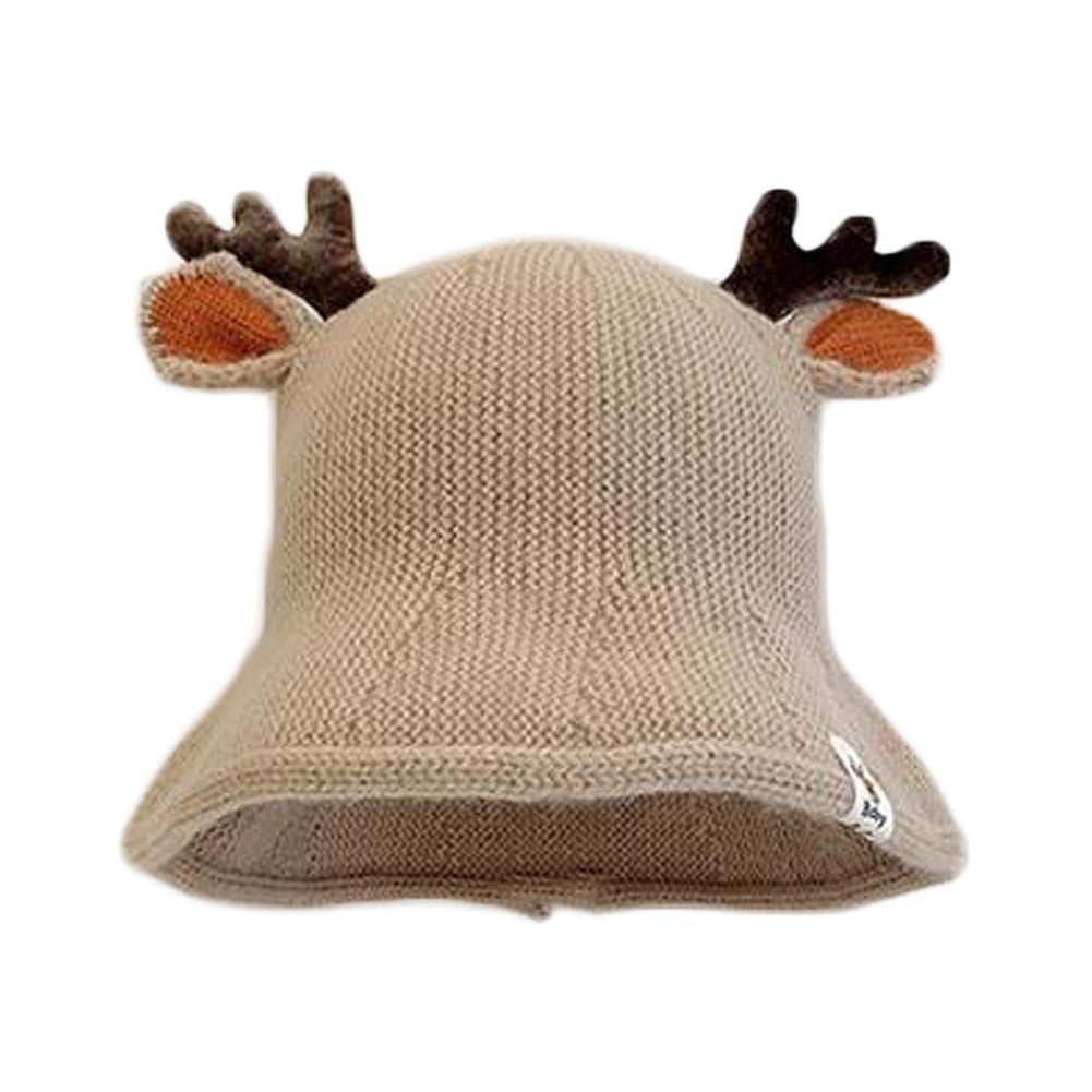 Beige Niedliche Kinder Herbst Winter Mütze Geweih Weihnachtsmütze Jungen Mädchen Fischerhut Warme Strickmütze, 1-3J