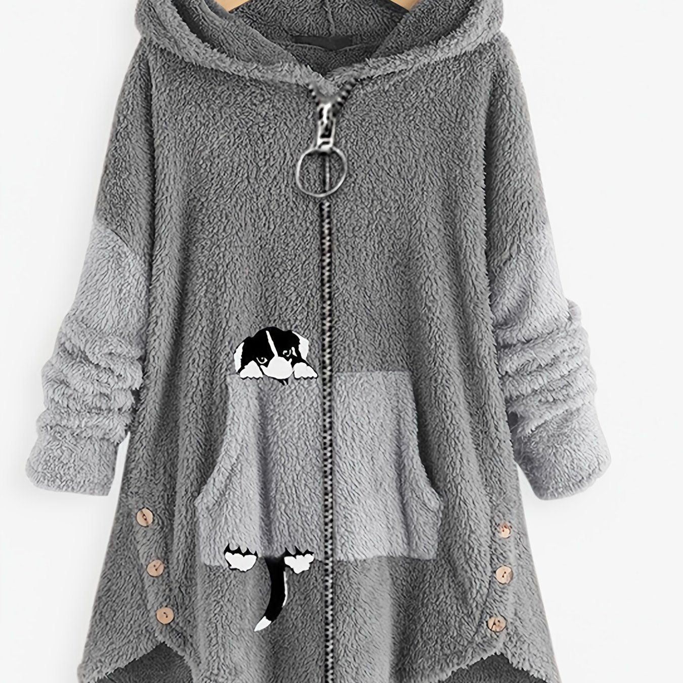 Große Größen Cartoon Welpendruck Colorblock Hoodie mit Reißverschluss, flauschiger Mantel; Damen Plus Size leichter Stretch Freizeit-Mantel