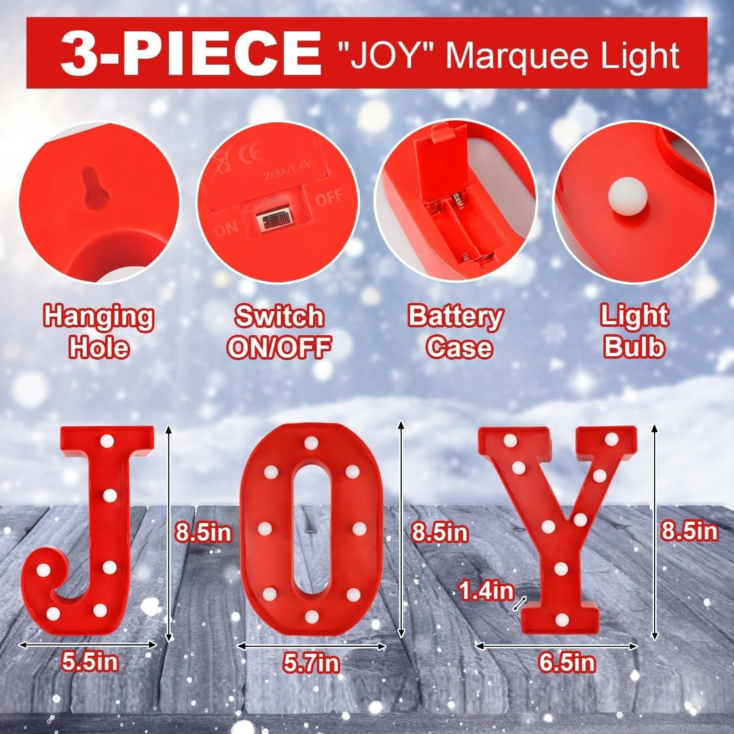 Weihnachtsdekoration Innenbereich Wohnkultur - 3 LED 21,6 cm Leuchtbuchstaben JOY-Schild, Batteriebetrieben, Weihnachtsdekoration für Kaminsims, Hausbar, Party, Schlafzimmer, Wand, Kamin, Weihnachtsdeko, Rot