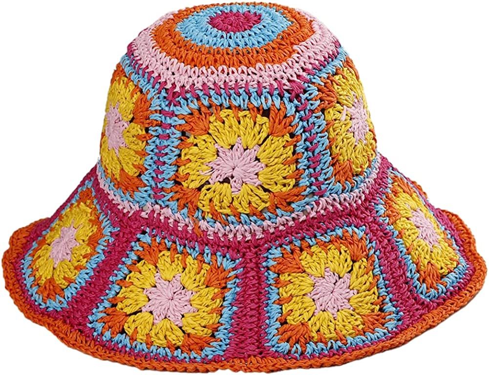Damen Stroh Sonnenhut Blumen Gewebter Fischerhut Strandhut Handgewebter Faltbarer Hut