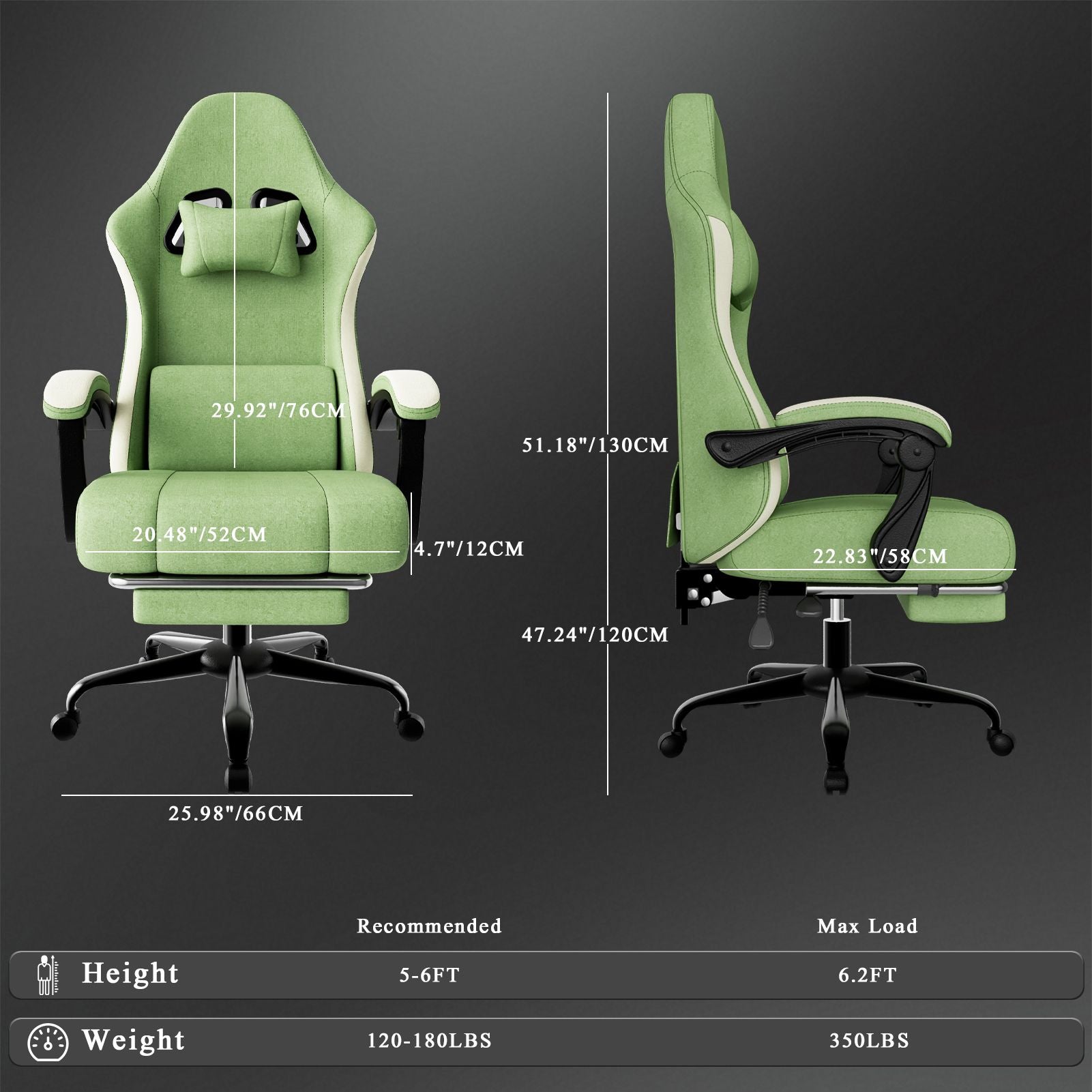 Chaise de jeu ergonomique avec coussin à ressorts ensachés, chaise d'ordinateur en tissu respirant avec repose-pieds, chaise de jeu vidéo avec soutien lombaire réglable pour adultes (Tissu)