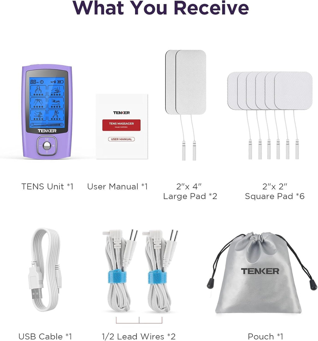 TENS-Gerät Muskelstimulator, TENS-EMS-Gerät mit 24 Modi zur Schmerzlinderung/Schmerzbehandlung, wiederaufladbares elektronisches Puls-Massagegerät mit 2"x2" und 2"x4" TENS-Elektrodenpads