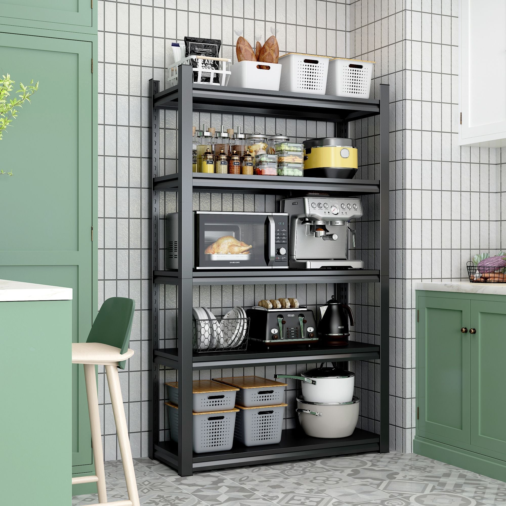 72 Zoll H, 5-stöckiges Metallregal für Lagerung, Garagenregal, 900 kg Schwerlastregal, verstellbares Garagenregal, industrielles Regal, Ablageregal, 90 cm B x 40 cm T x 183 cm H, Schwarz