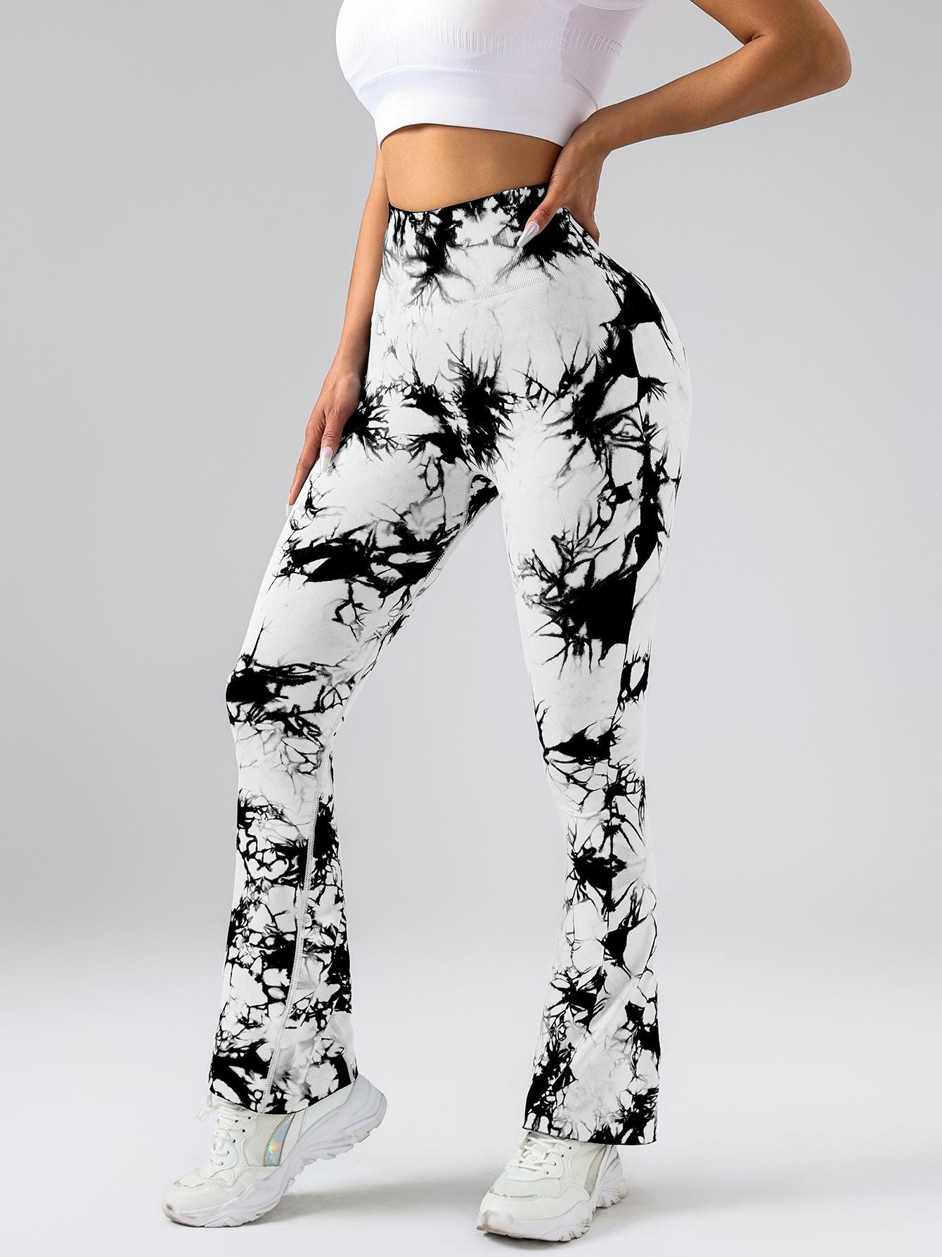 Damen High-Waist Yoga-Hose mit Bauchkontrolle und Schlag, Tie-Dye Stretch Slimming Bootcut Trainingshose, Fitness & Sport Activewear