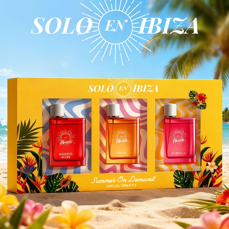 Coffret Cadeau Parfum Femme SOLO EN IBIZA - 3 x Vaporisateurs Eau de Parfum 30 ml - 3 Parfums Longue Durée - Pour les Fêtes, les Rendez-vous, l'Utilisation Quotidienne et les Soirées - Cadeau Idéal pour Femme