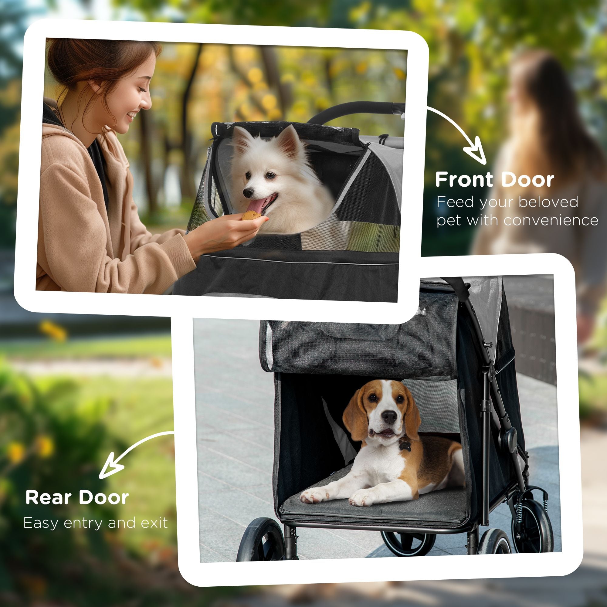 Tierkinderwagen Hunde-Katzen-Buggy mit Ein-Klick-Faltung, universellen Vorderrädern, Stoßdämpfern, Bremsen, Aufbewahrungstaschen, Netzfenster