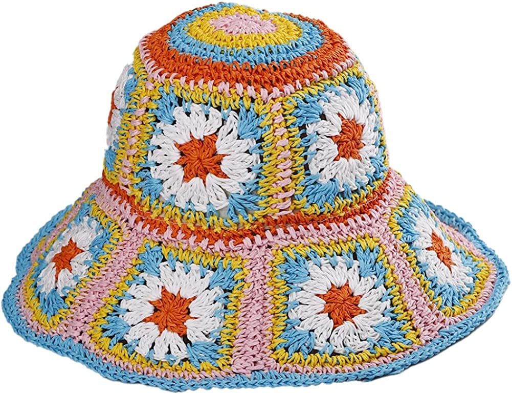 Damen Stroh Sonnenhut Blumen Gewebter Fischerhut Strandhut Handgewebter Faltbarer Hut