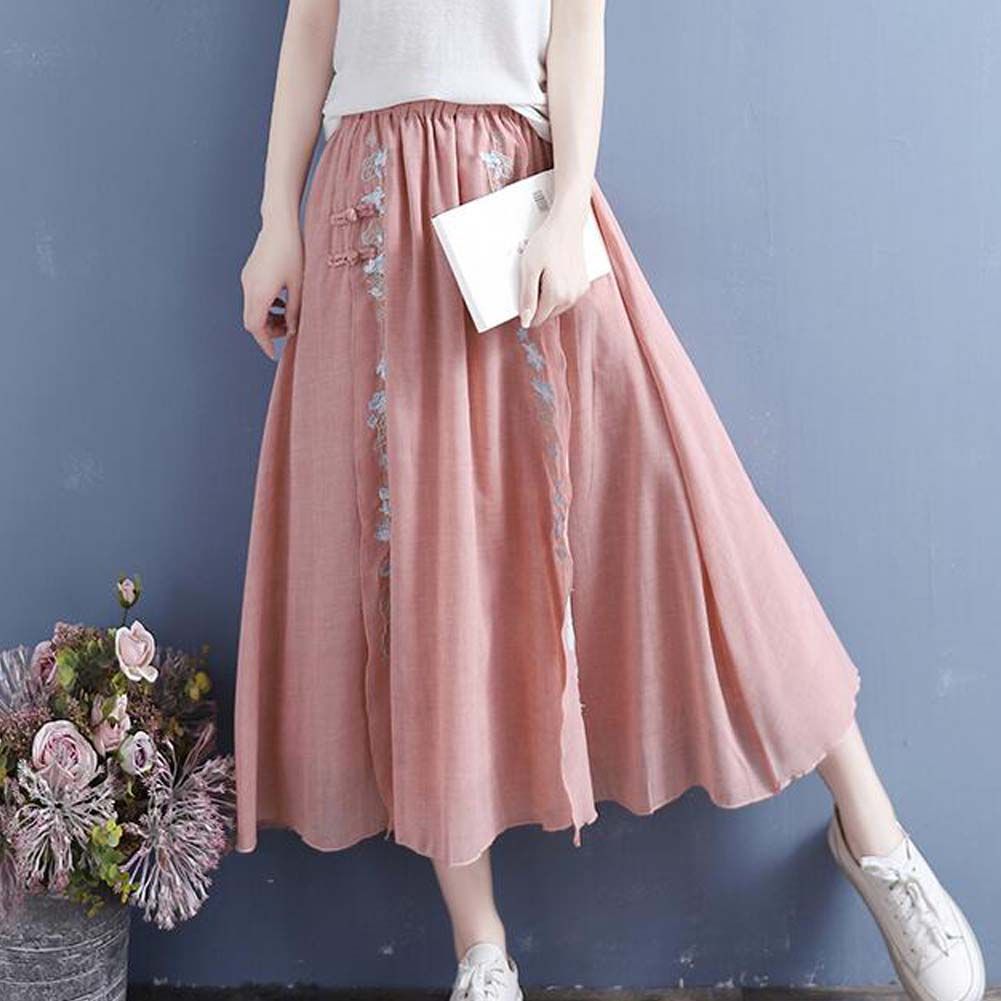 Chinesischer Stil bestickter Midirock, zweilagig, mit Schlitz, Vintage langer Rock, lässiger Baumwoll-Leinen A-Linien-Rock, Rosa