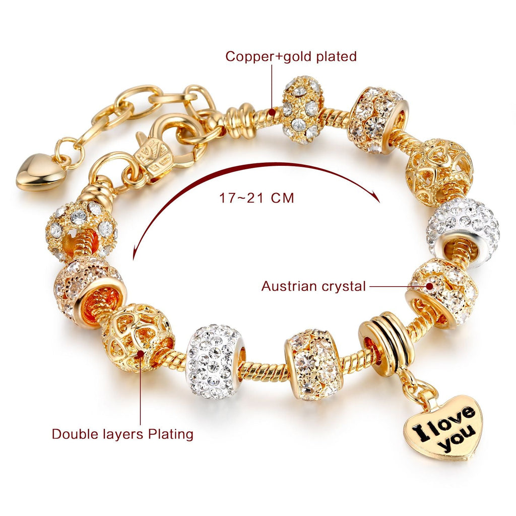 Herz-Charm-Armband mit Verlängerung, vergoldete Schlangenkette, Armbänder mit Zirkonia-Kristallperlen und Anhängern