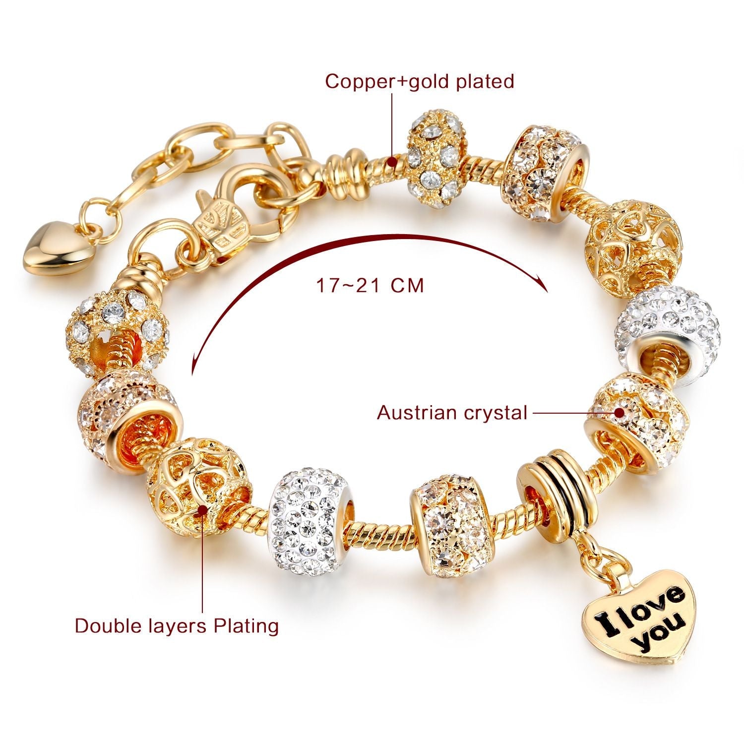 Herz-Charm-Armband mit Verlängerung, vergoldete Schlangenkette, Armbänder mit Zirkonia-Kristallperlen und Anhängern