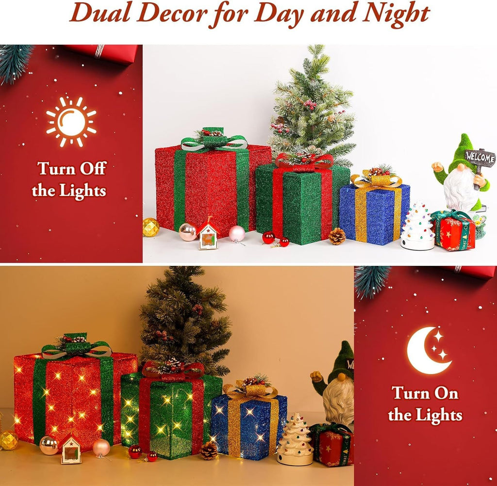 3 grandes boîtes cadeaux pour décorations de Noël extérieures, 25,4 cm, 20,3 cm, 15,2 cm avec mini guirlandes lumineuses de 70 LED pré-éclairées, boîtes cadeaux lumineuses avec paillettes pour Noël, mariage, fête