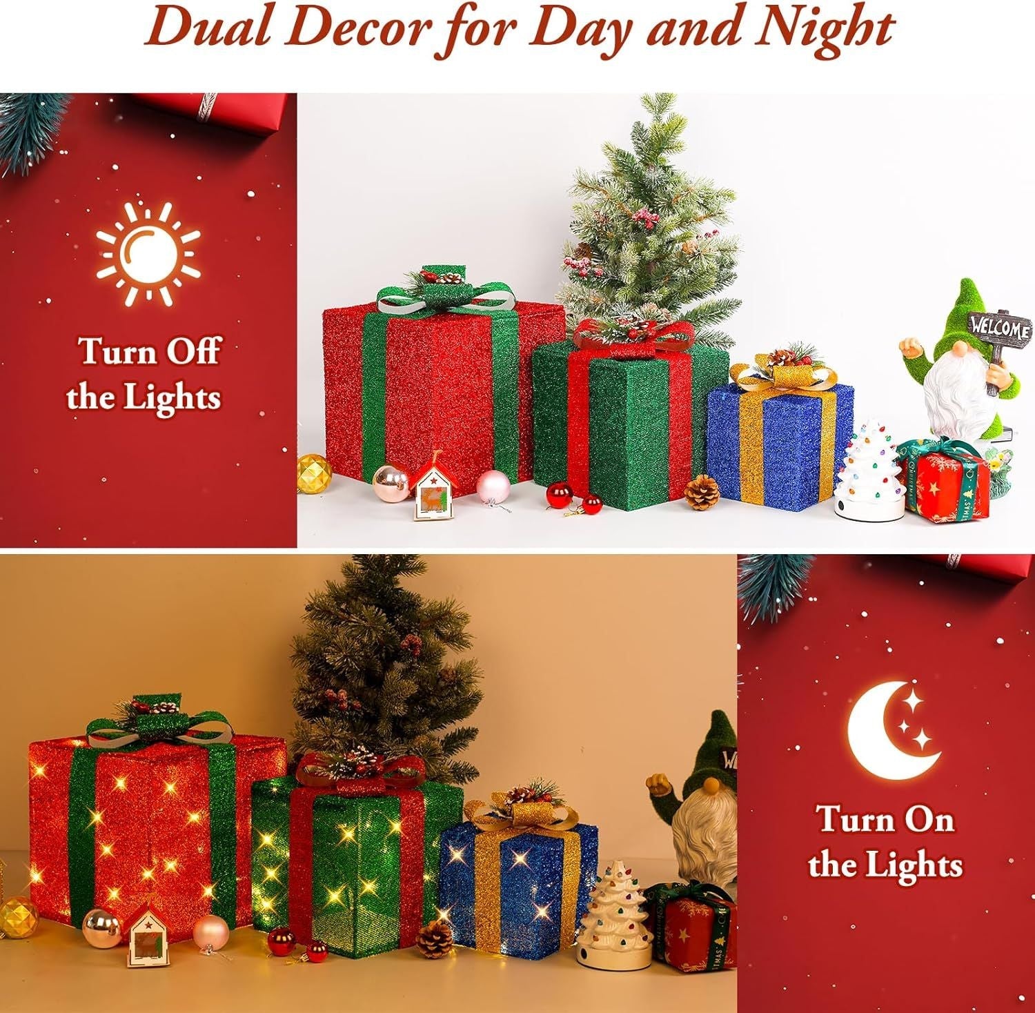 3 grandes boîtes cadeaux pour décorations de Noël extérieures, 25,4 cm, 20,3 cm, 15,2 cm avec mini guirlandes lumineuses de 70 LED pré-éclairées, boîtes cadeaux lumineuses avec paillettes pour Noël, mariage, fête