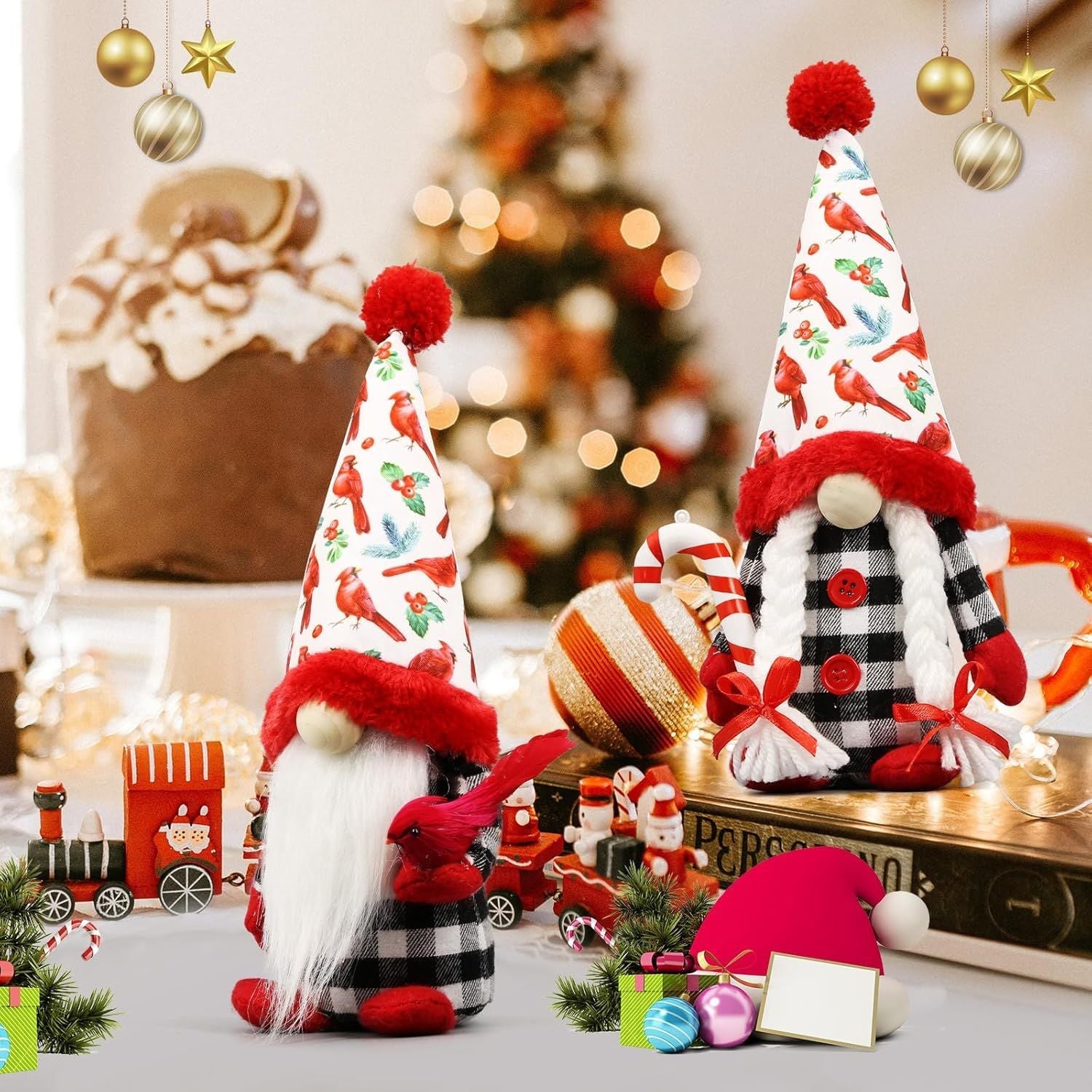 Weihnachts-Rotkardinal-Gnome Dekorationen für Zuhause, Drinnen, Büro - Weihnachts-Wichtel-Plüschpuppe - Weihnachts-Elfen-Dekoration Schwedische Tomte - Rotkardinal-Dekor für den Tisch - Wichtel-Geschenke für Frauen