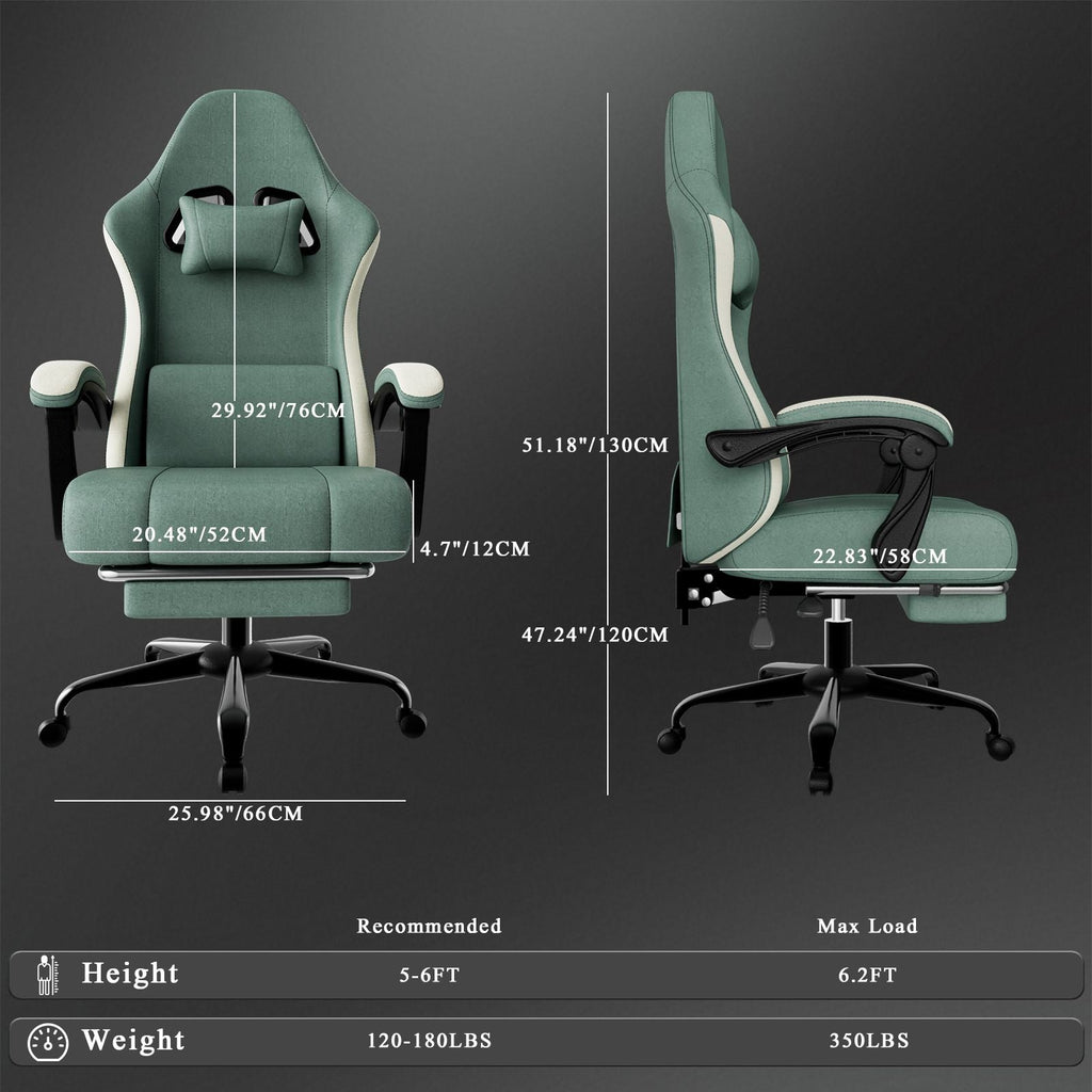 Chaise de jeu ergonomique avec coussin à ressorts ensachés, chaise d'ordinateur en tissu respirant avec repose-pieds, chaise de jeu vidéo avec soutien lombaire réglable pour adultes (Tissu)