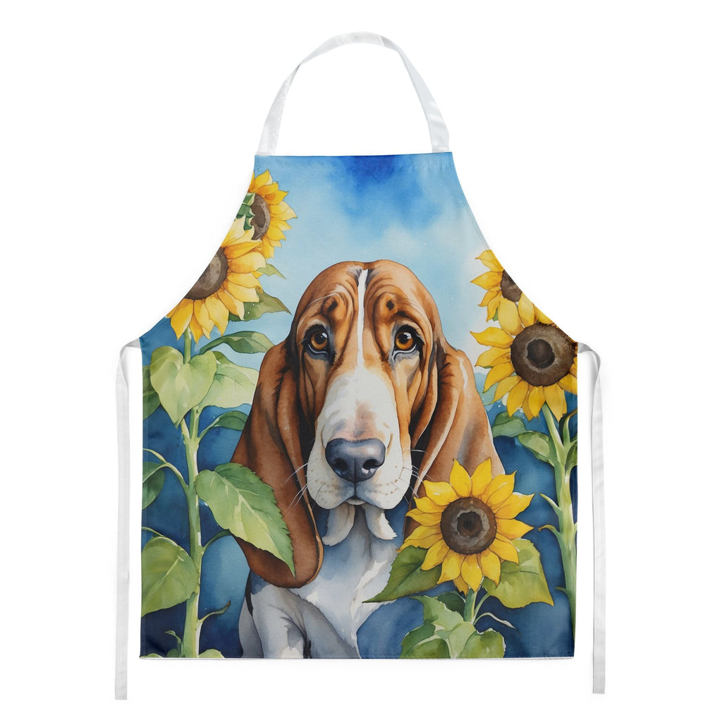 Basset Hound in Sonnenblumen Schürze Kochen Küche Servieren Backen Basteln Gartenarbeit für Erwachsene Frauen Männer, Unisex, Groß, Mehrfarbig
