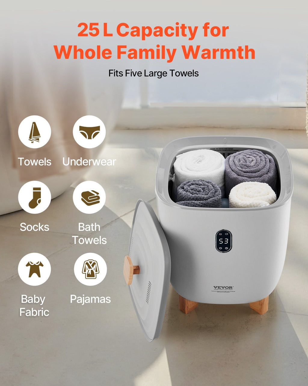 VEVOR Handtuchwärmer-Eimer, 25L beheizter Handtuchwärmer mit LED-Anzeige, Große Deckenwärmer für Badezimmer, 20/40/60/90 Min. Timer und Temperatureinstellung, für SPA, Zuhause, Arbeitsplatte, Boden, Grau