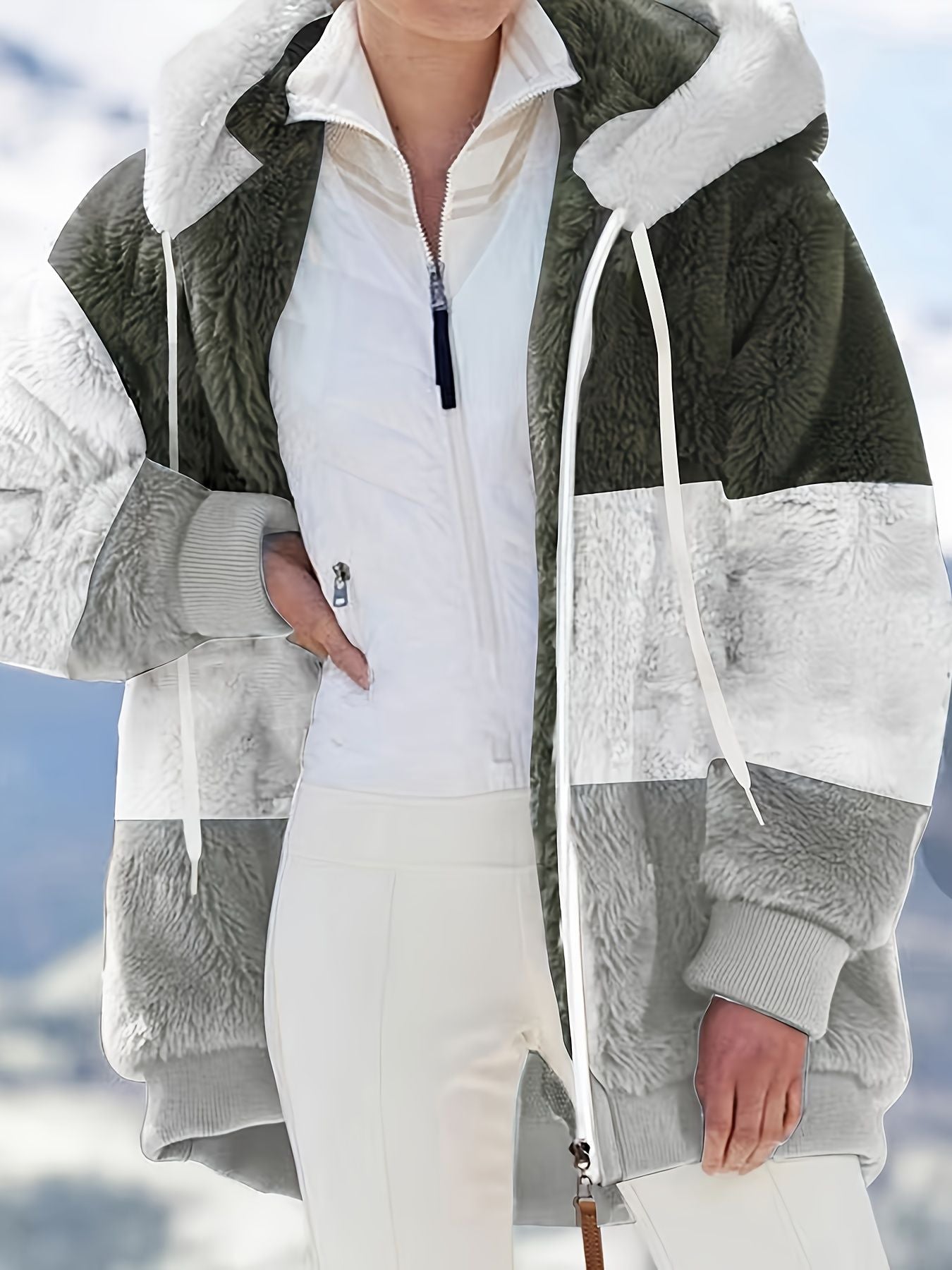 Farbblock Teddy-Fleece-Mantel mit Kapuze, lässige Winterjacke mit Reißverschluss und langen Ärmeln, Damenbekleidung