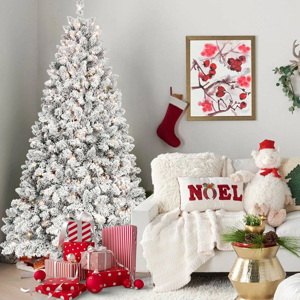 Sapin de Noël artificiel floqué de 2,4 m avec 700 lumières UL, 54 pommes de pin et 1754 branches, effet neige