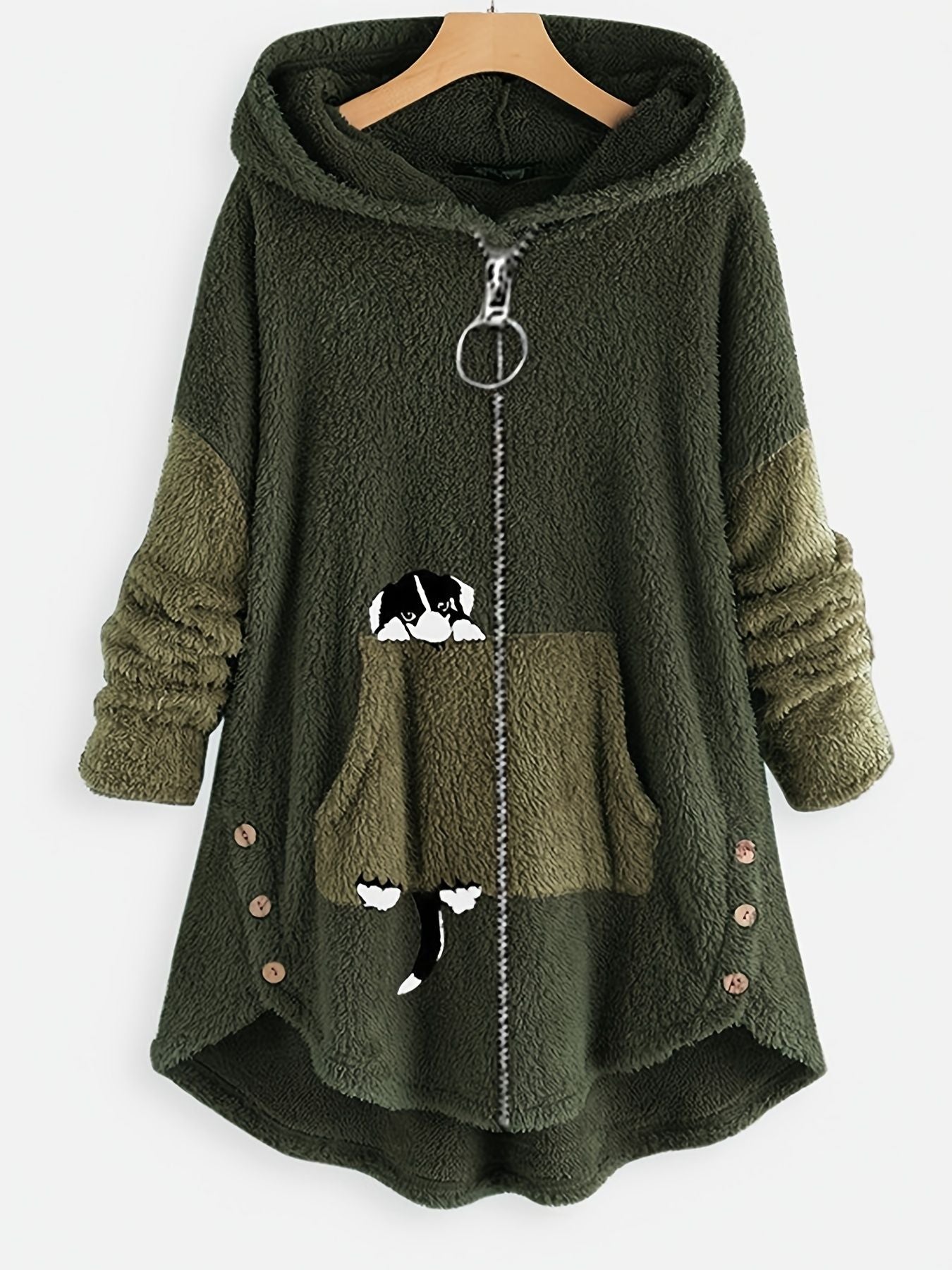 Große Größen Cartoon Welpendruck Colorblock Hoodie mit Reißverschluss, flauschiger Mantel; Damen Plus Size leichter Stretch Freizeit-Mantel