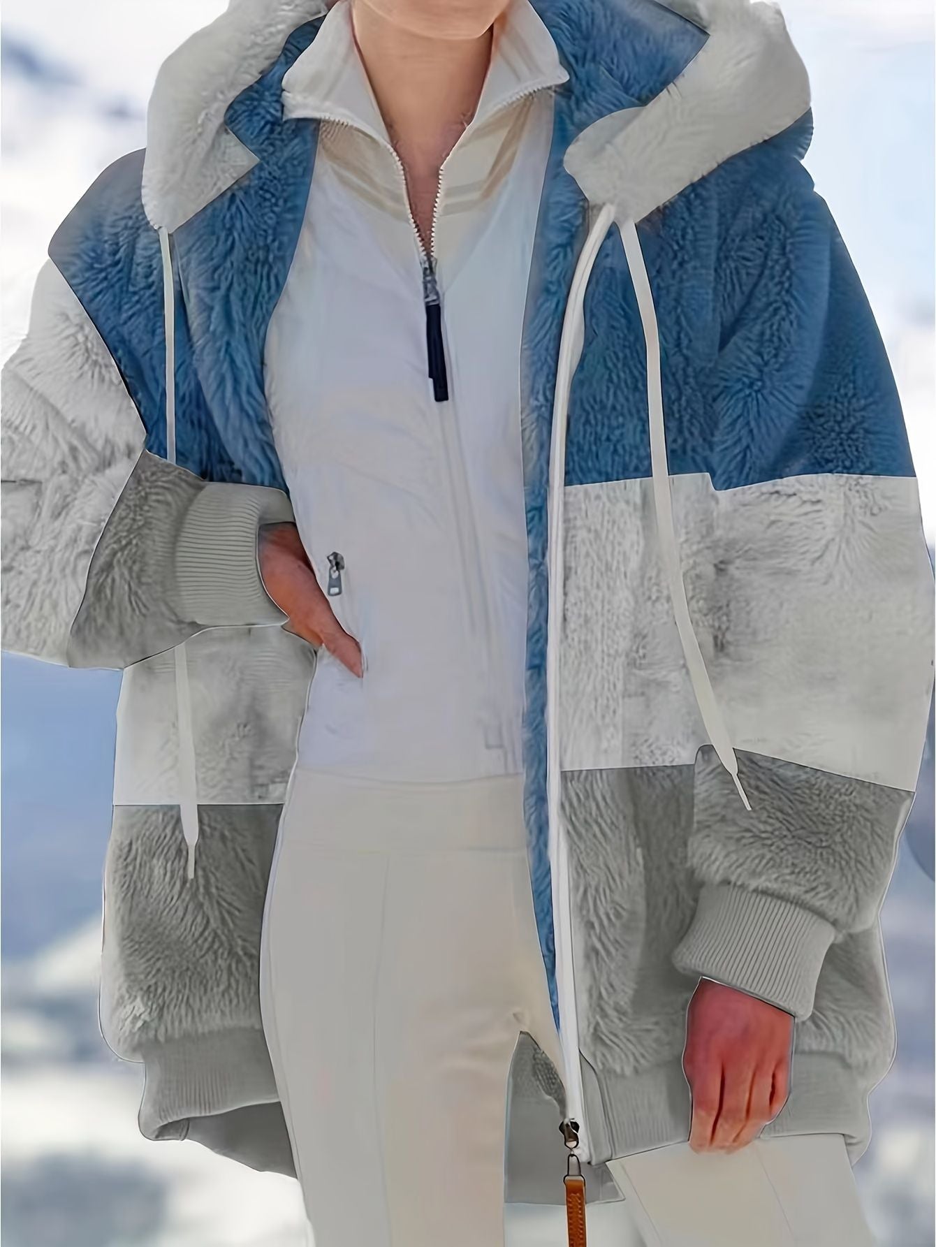 Farbblock Teddy-Fleece-Mantel mit Kapuze, lässige Winterjacke mit Reißverschluss und langen Ärmeln, Damenbekleidung