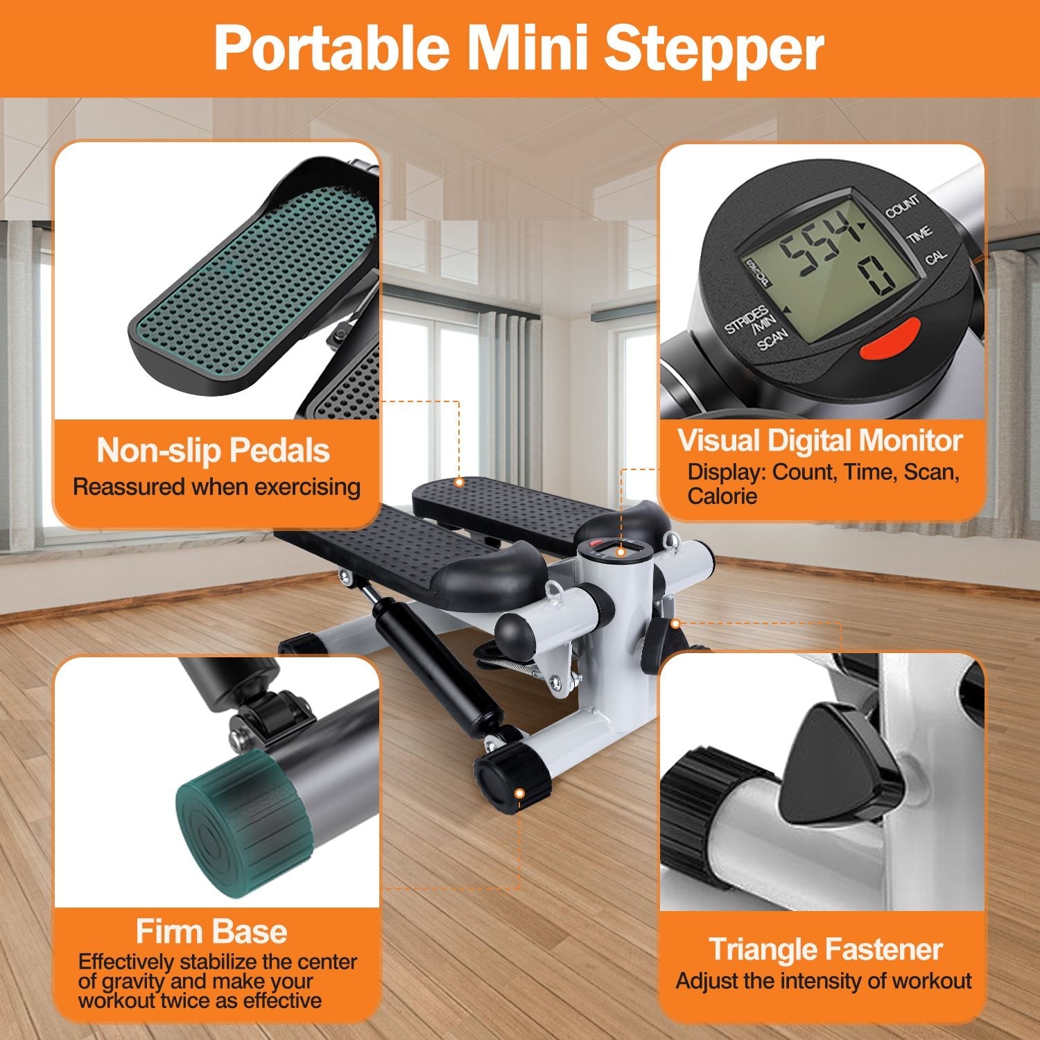 Heimtrainer Stepper für Damen Mini Fitness Stepper mit 2 Widerstandsbändern LCD-Monitor Max. 150 kg Belastung Treppensteiger Leiser Stepper