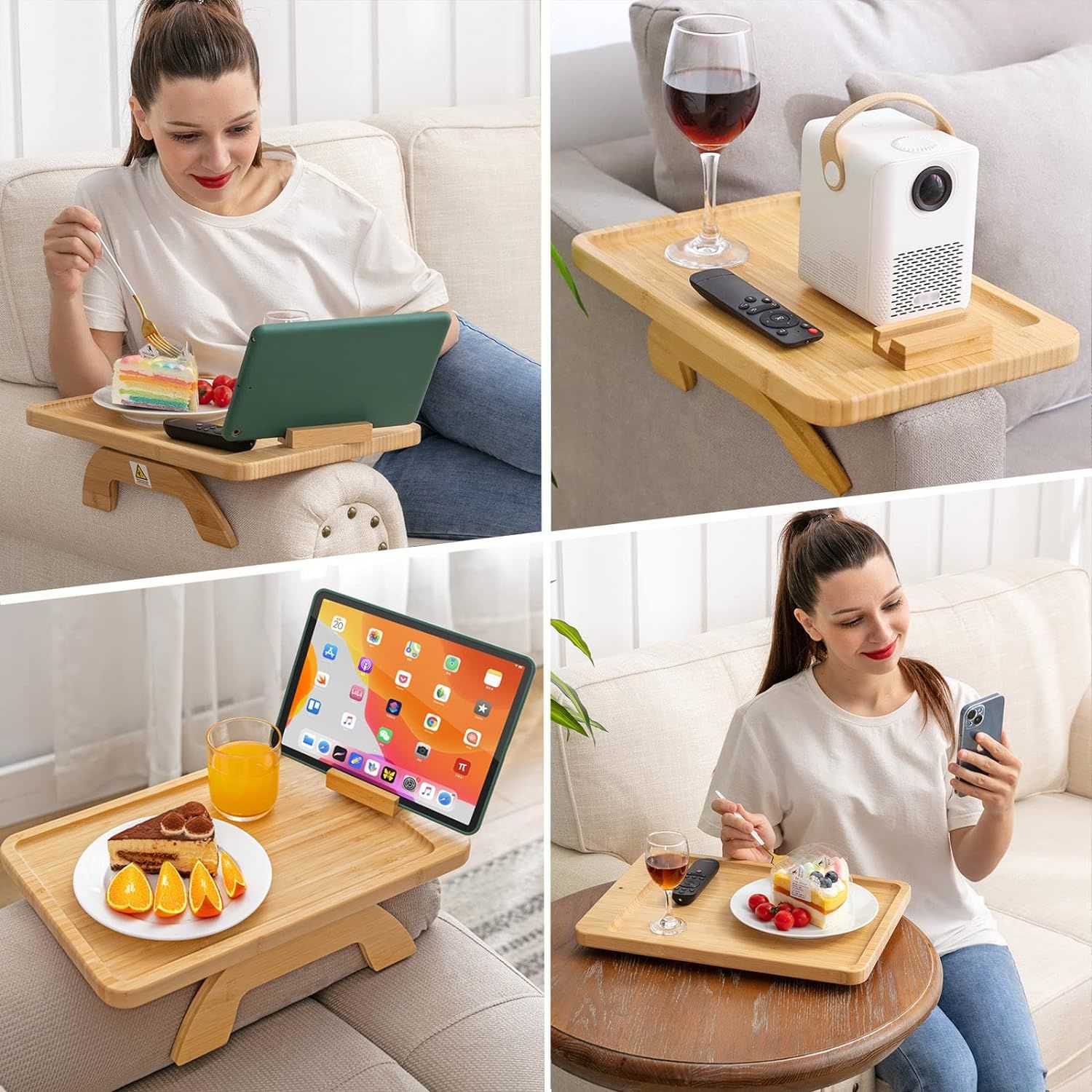Bambus Sofa-Clip-Beistelltisch für breite Sofas, zusammenklappbares Couchtablett mit 360° drehbarer Handyhalterung, Armlehnentisch zum Essen/Trinken/Snacken/Fernbedienung