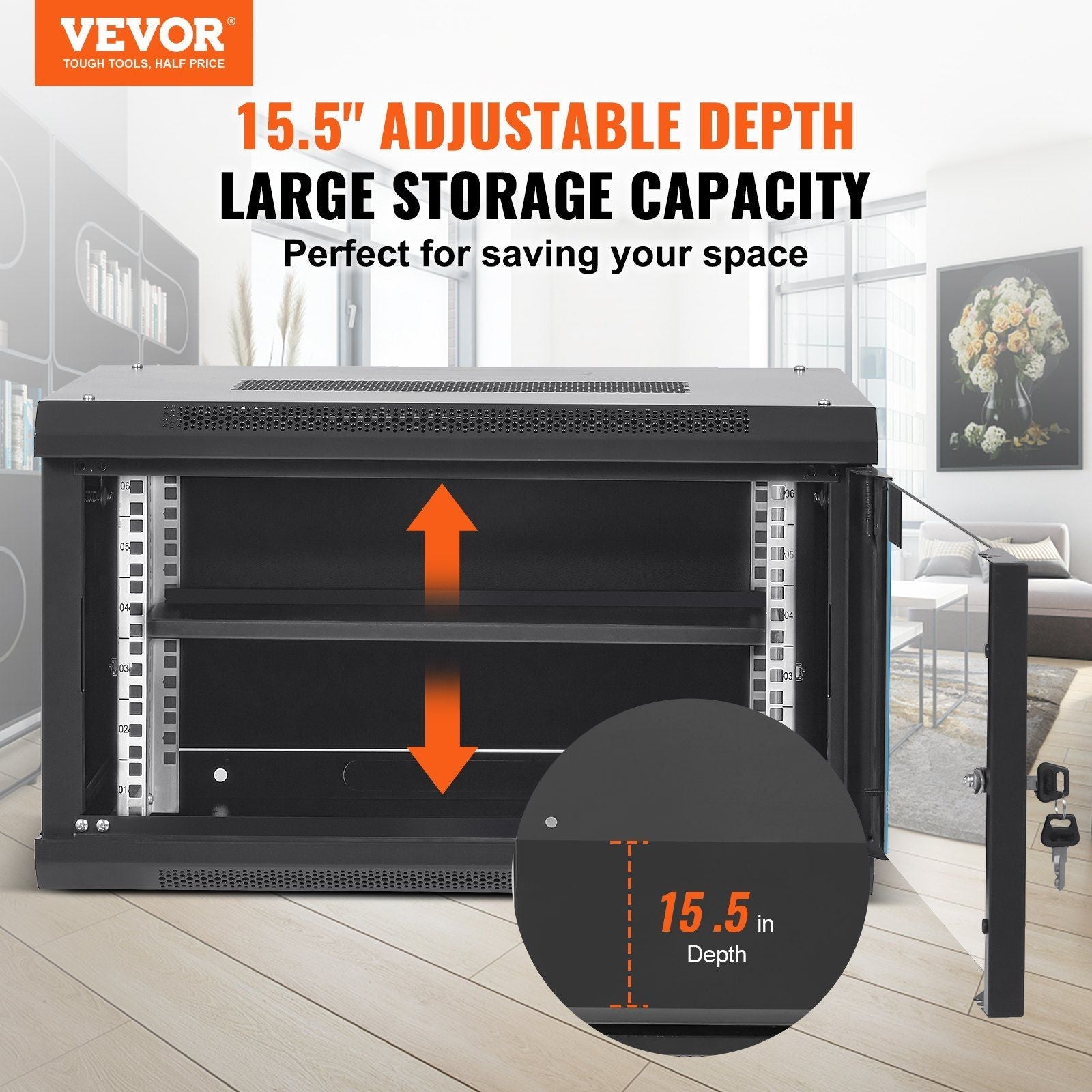 6U Wandmontiertes Netzwerk-Server-Rack, 15,5 Zoll tief, Serverschrank-Gehäuse, 200 lbs maximale bodenmontierte Traglast, mit abschließbarer Glastür und Seitenwänden, für IT-Ausrüstung, A/V-Geräte