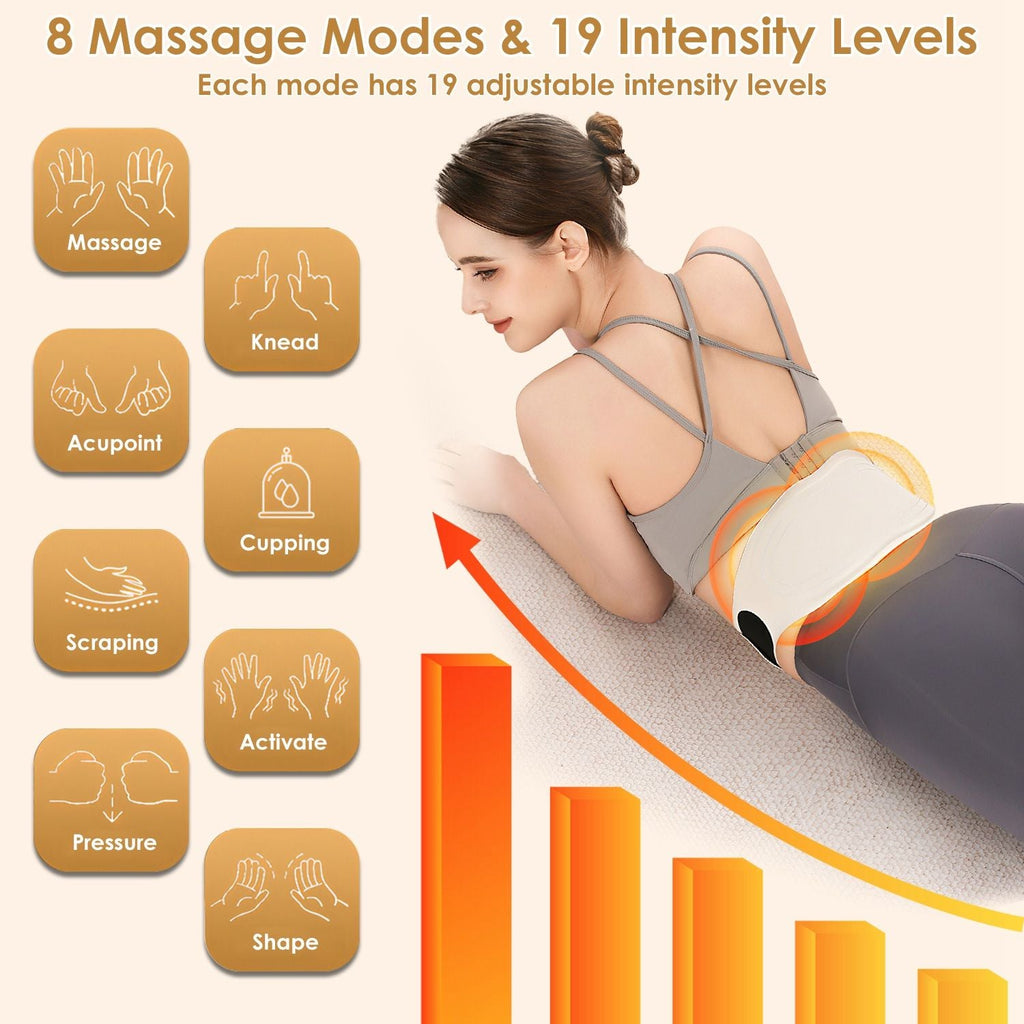 EMS Rückenmassagegerät Heizkissen Kabelloses Heizkissen für Rücken Bauch Taille mit Fernbedienung Magnetische Haupteinheit 8 Modi 19 Intensitätsstufen 3 Heizstufen
