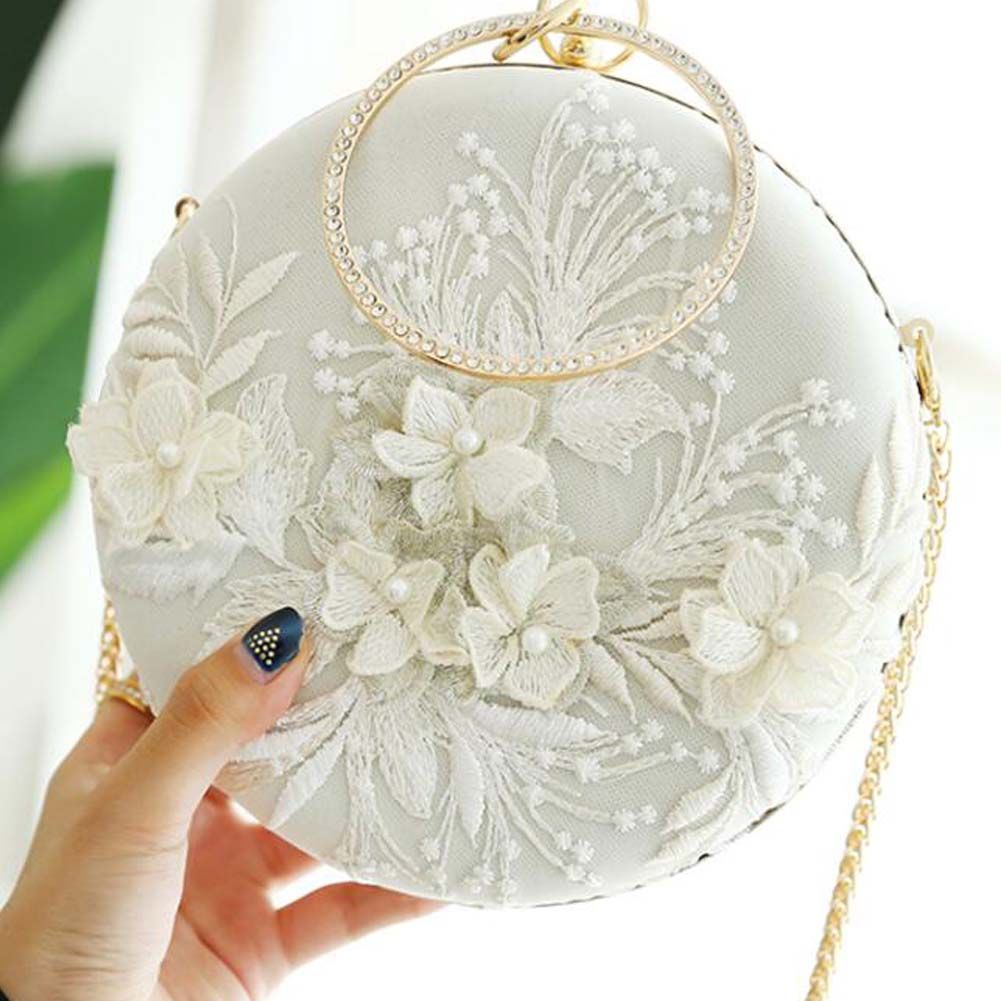 Weiße chinesische Hanfu-Umhängetasche Retro-Stickerei Schultertasche Hartschalenhandtasche Cheongsam Handy Rundtasche