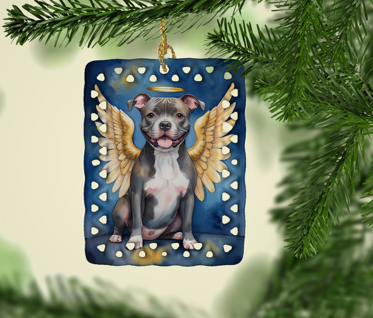 Staffordshire Bull Terrier Mein Engel Porzellan-Ornament Weihnachtsbaumschmuck für Zuhause, Weihnachten, Feiertage, Rechteck, Geschenk, Mehrfarbig