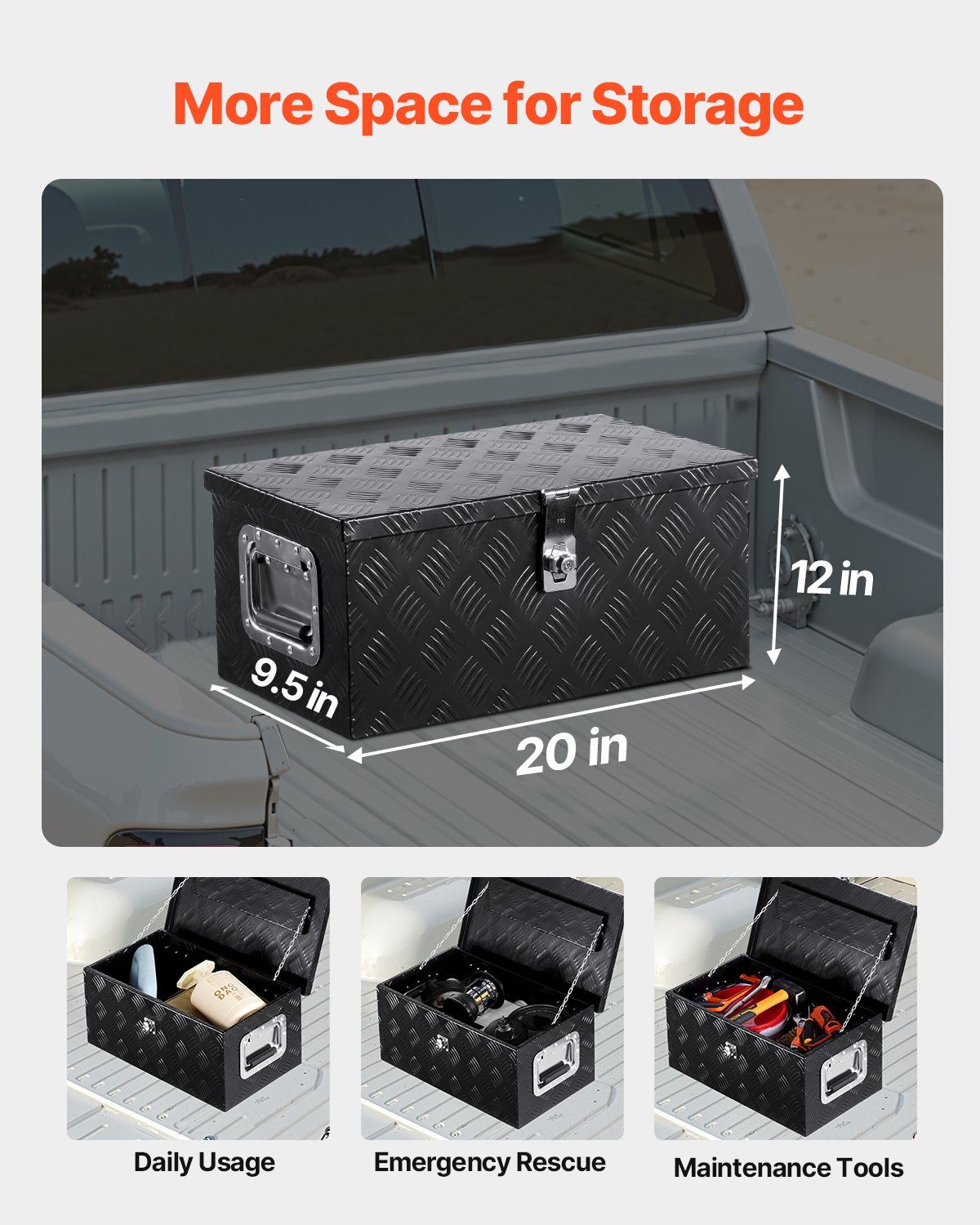 20"x12"x9.5" Heavy Duty Aluminium LKW-Ladeflächen-Werkzeugkasten für Pickup Wohnmobil Schwarz