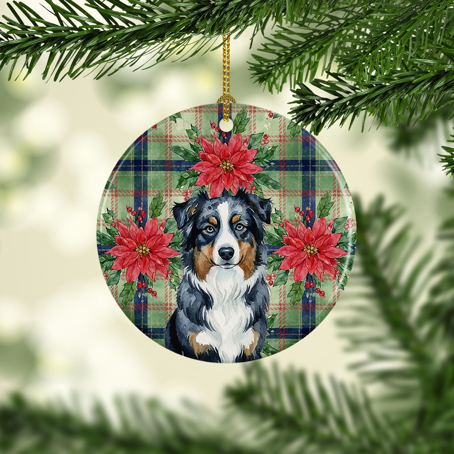 Schwarzer Australian Shepherd Weihnachts-Poinsettien Keramik-Ornament Weihnachtsbaumschmuck für Zuhause Weihnachten, Party, Geschenk, 7,6 cm, Mehrfarbig