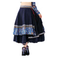 Damen Retro Midi Rock im Ethno-Stil mit Print A-Linien Rock in Blau Hohe Taille Mehrlagiger Langer Rock