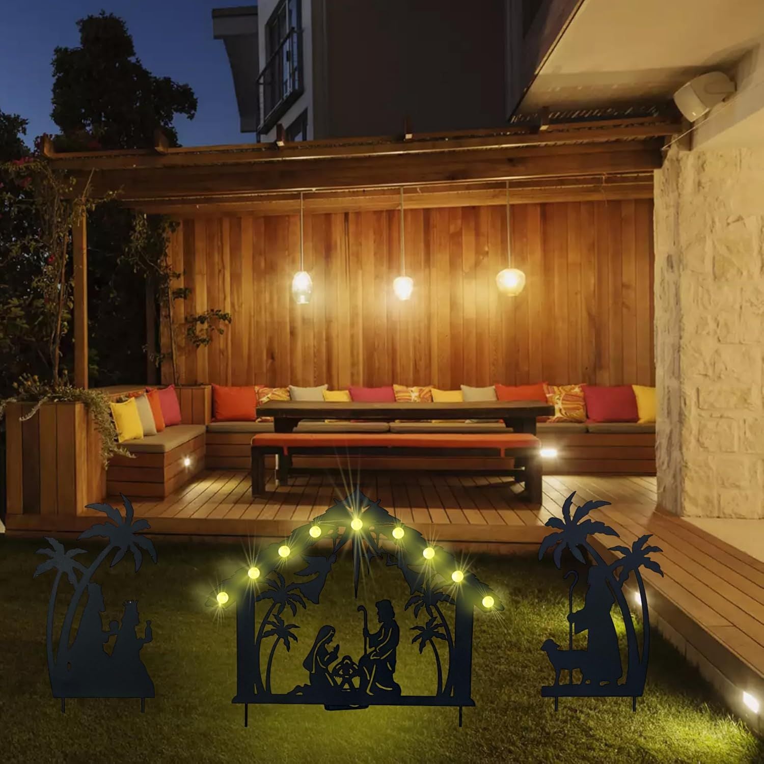 Weihnachtsgarten Jesus Krippenszene Dekoration, solarbeleuchtetes Outdoor-Krippenset mit 9 LED-Leuchten, Weihnachtsdekoration für Innen- und Außenbereich, Feiertagsparty, Garten, Hof, Rasen Dekoration
