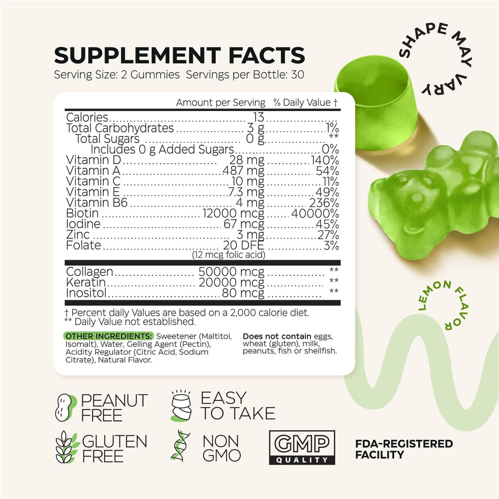 Biotin- und Kollagen-Peptid-Gummibärchen für Haarwuchs, Haut und Nägel 12000 mcg Biotin-Kautabletten mit Keratin, hochwirksame Schönheitsgummibärchen für Frauen und Männer, zuckerfrei, gentechnikfrei, Gummibärchen-Nahrungsergänzungsmittel