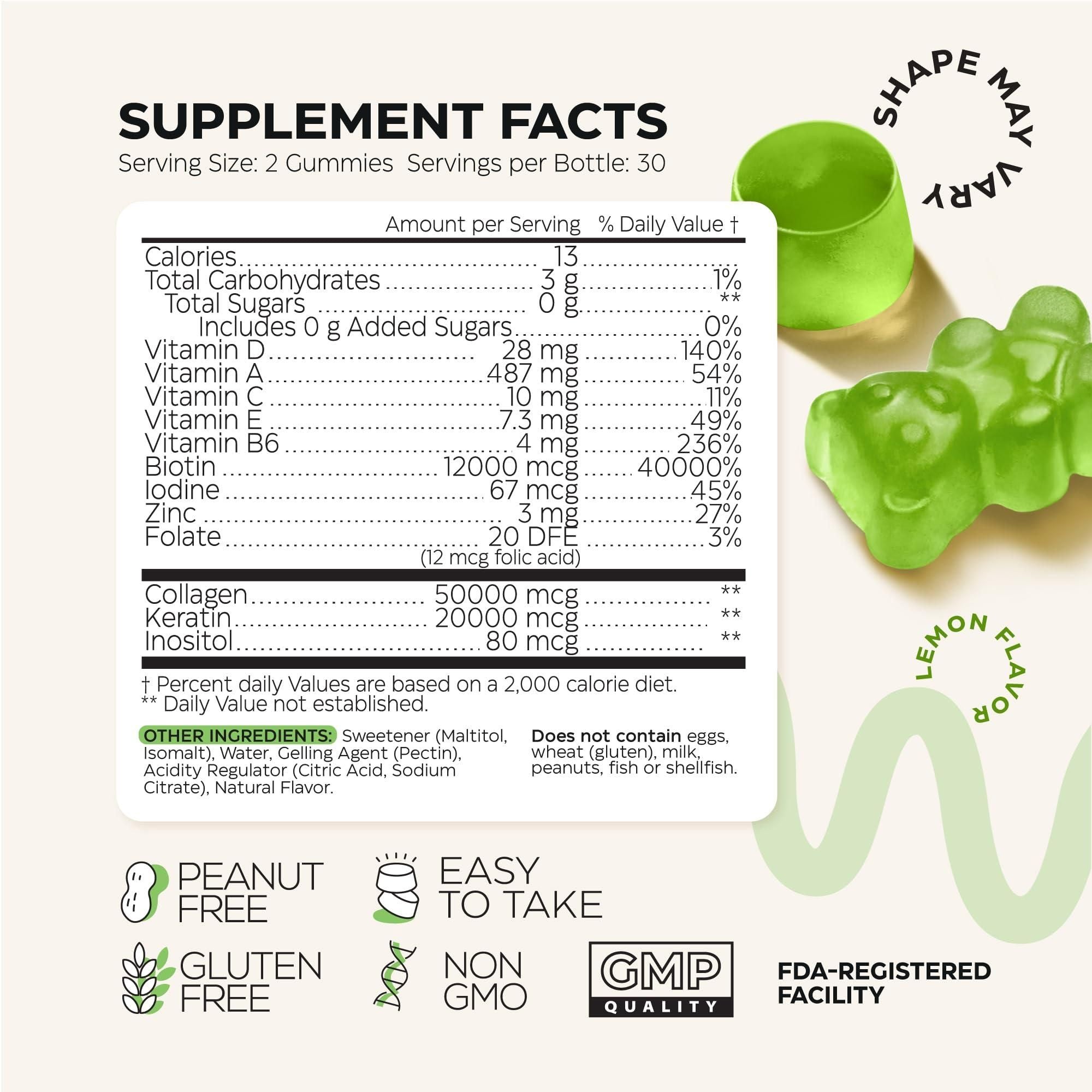 Biotin- und Kollagen-Peptid-Gummibärchen für Haarwuchs, Haut und Nägel 12000 mcg Biotin-Kautabletten mit Keratin, hochwirksame Schönheitsgummibärchen für Frauen und Männer, zuckerfrei, gentechnikfrei, Gummibärchen-Nahrungsergänzungsmittel