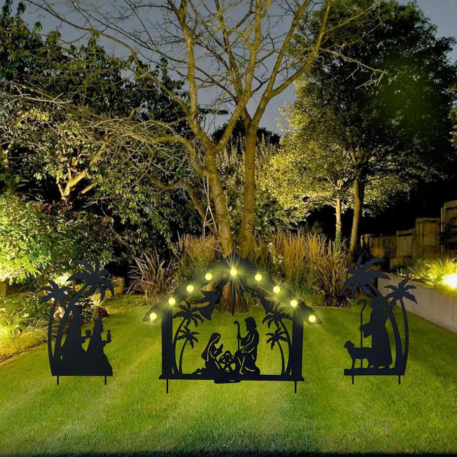 Weihnachtsgarten Jesus Krippenszene Dekoration, solarbeleuchtetes Outdoor-Krippenset mit 9 LED-Leuchten, Weihnachtsdekoration für Innen- und Außenbereich, Feiertagsparty, Garten, Hof, Rasen Dekoration