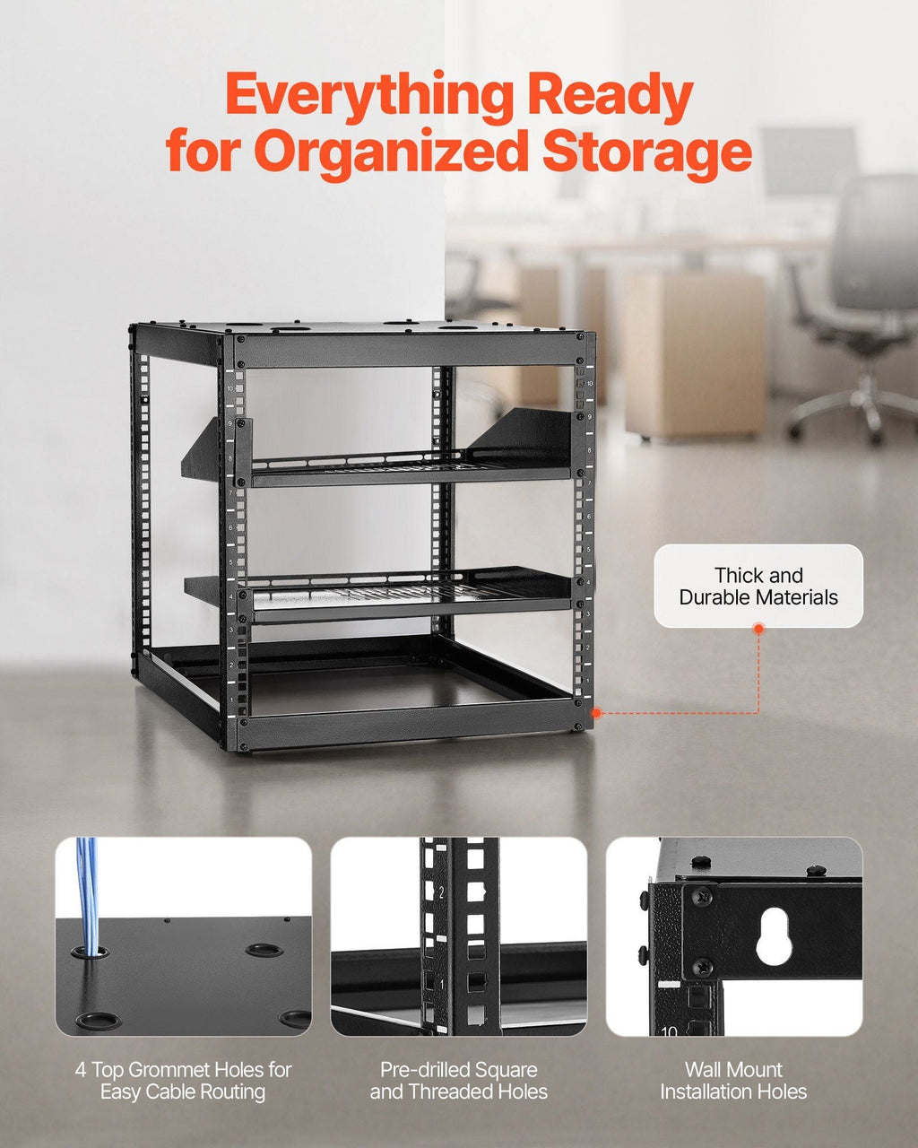 10HE Open-Frame-Netzwerkschrank, 23 Zoll tief, Wandmontage oder Standfuß, Schwerlast-4-Pfosten-Serverschrank, mit belüfteten Einlegeböden und Montagematerial, hält all Ihre Netzwerk-IT-Geräte und AV-Ausrüstung