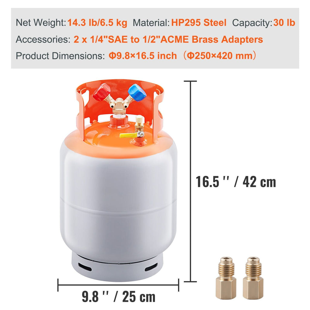 Bouteille de récupération de réfrigérant, capacité de 13,6 kg, bouteille de cylindre portable de 400 psi avec vanne Y pour liquide/vapeur, bidon de récupération haute étanchéité pour R22/R134A/R410A, orange+gris