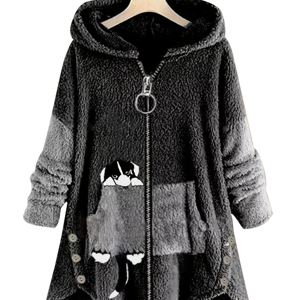 Große Größen Cartoon Welpendruck Colorblock Hoodie mit Reißverschluss, flauschiger Mantel; Damen Plus Size leichter Stretch Freizeit-Mantel