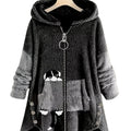 Große Größen Cartoon Welpendruck Colorblock Hoodie mit Reißverschluss, flauschiger Mantel; Damen Plus Size leichter Stretch Freizeit-Mantel