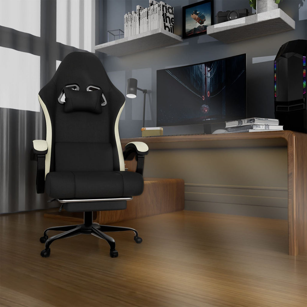 Chaise de jeu ergonomique avec coussin à ressorts ensachés, chaise d'ordinateur en tissu respirant avec repose-pieds, chaise de jeu vidéo avec soutien lombaire réglable pour adultes (Tissu)