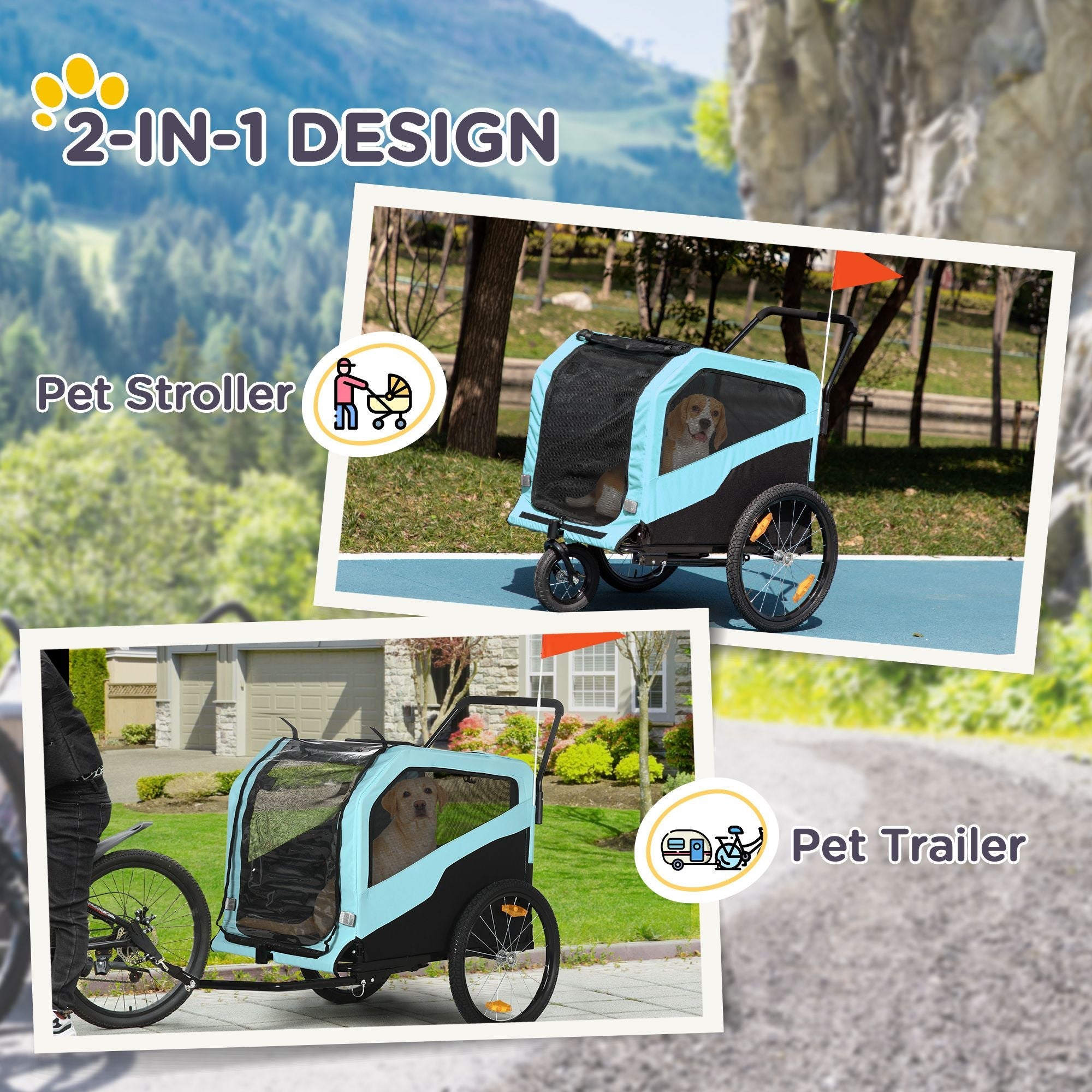 Haustier-Kinderwagen - 2-in-1 Großer Hundeanhänger & Kinderwagen Combo mit Sicherheitskupplung Schnellspannrädern Fußstütze Haustier Fahrradanhänger