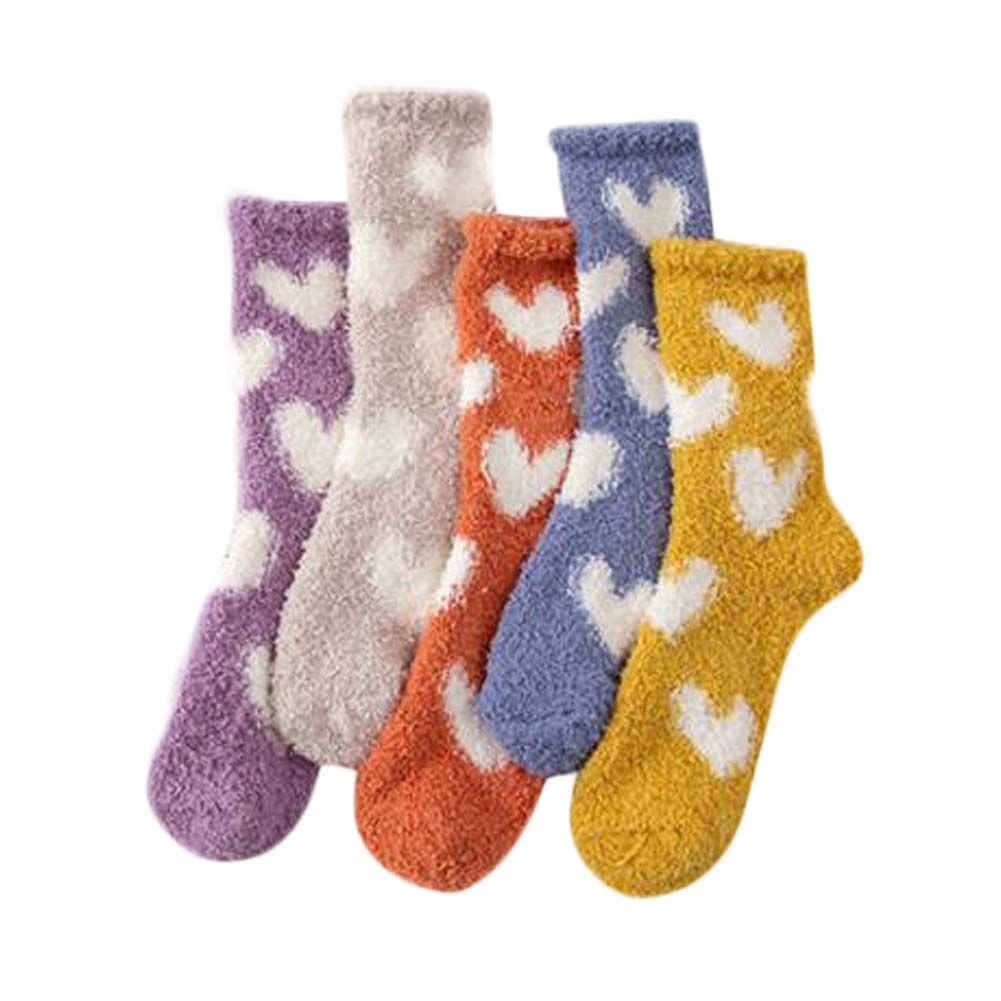 5 Paar Herz Korallenvlies Socken Damen Schlafsocken Warme Wadenhohe Haussocken Plüsch Bodensocken