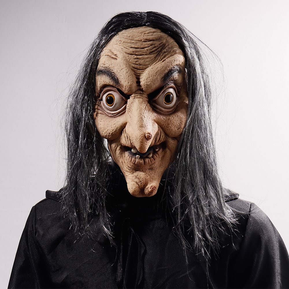 Masque d'Halloween Horreur Vieille Sorcière Cosplay Visage Fantôme Effrayant Nez Long Sorcière Casque en Latex avec Cheveux Accessoires de Fête Maison Hantée